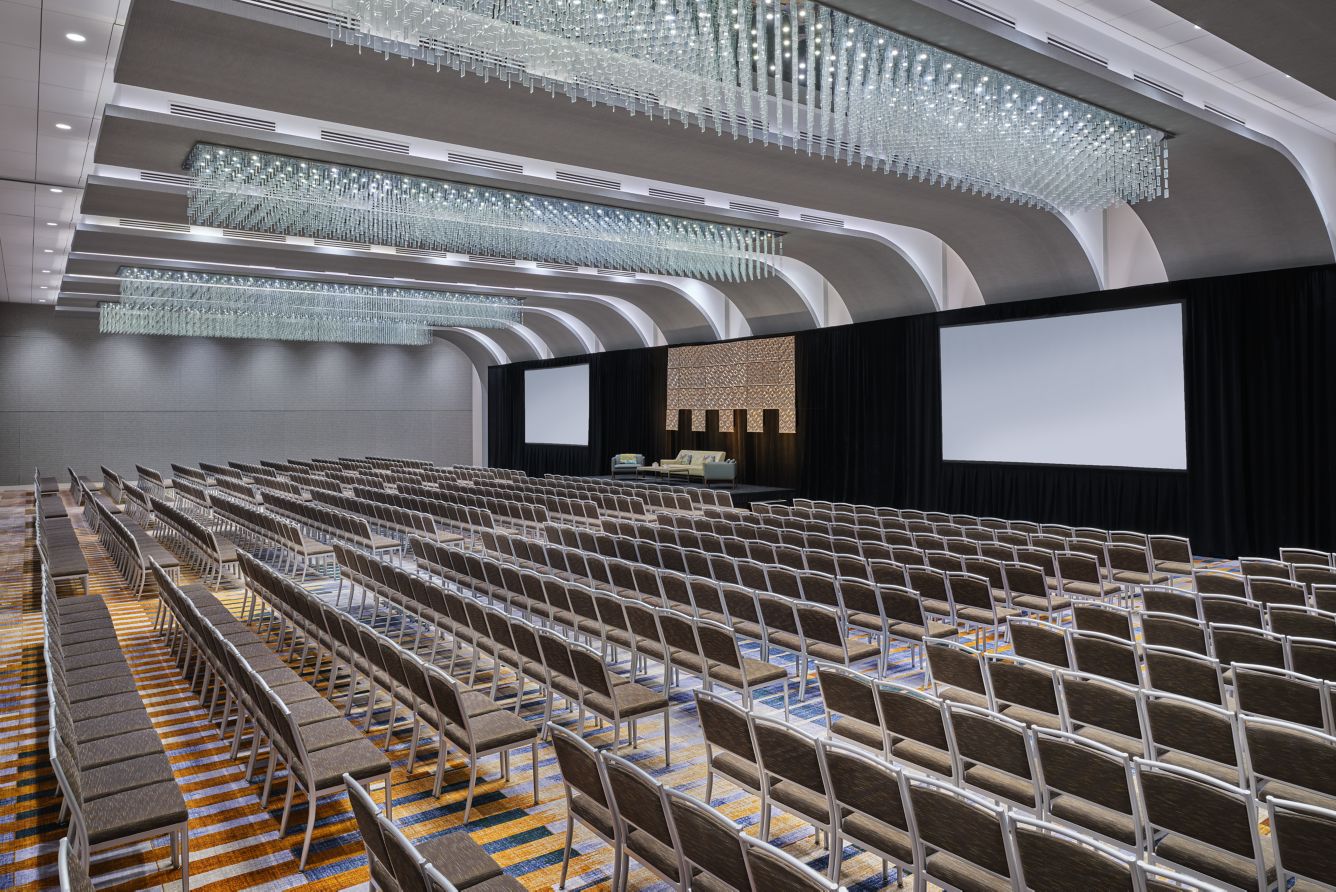 Completed operable wall within a large commercial event space
